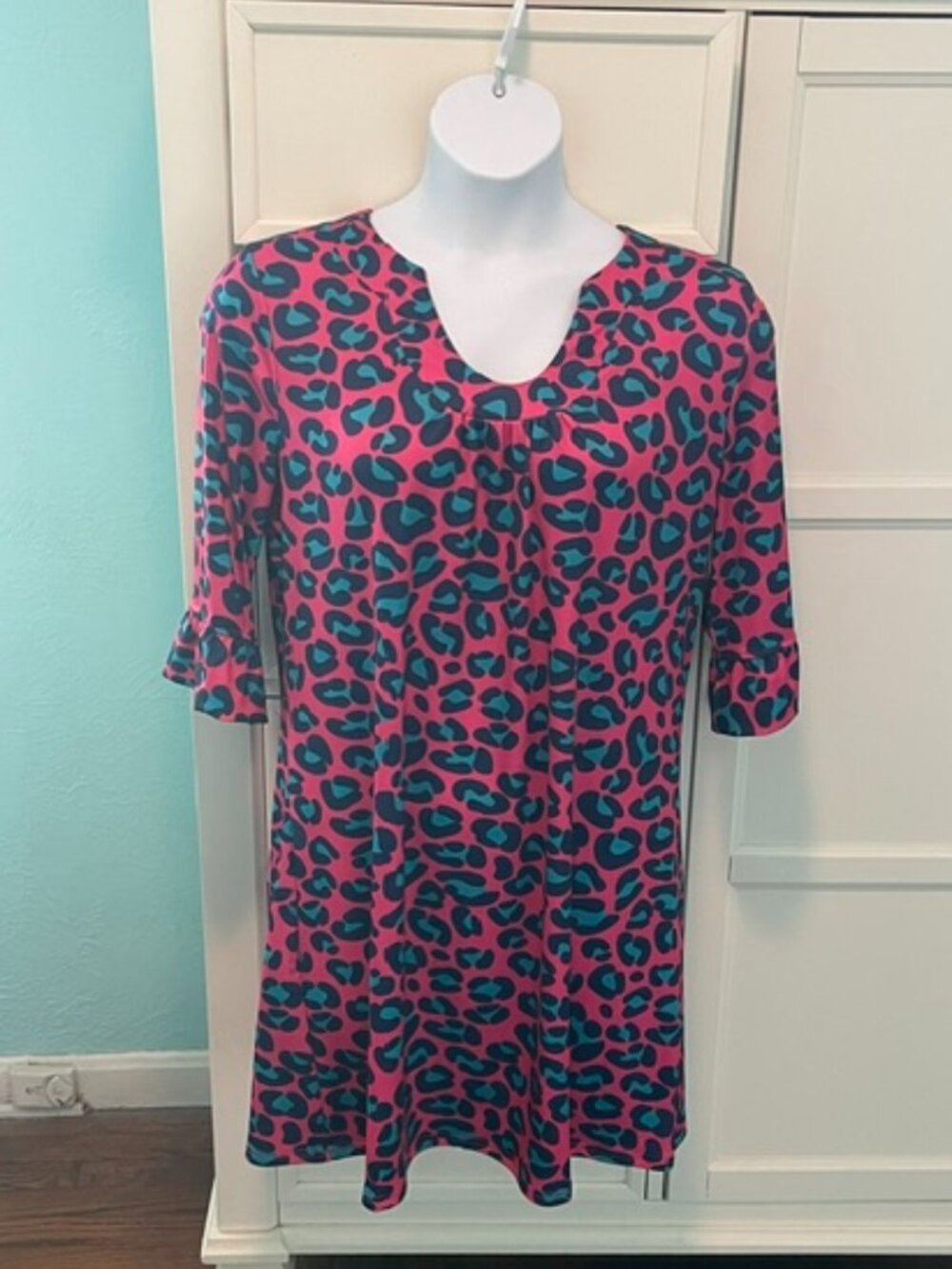 Top It Off Pink/Blue Leopard Print Dress 3/4 Sleeves XL